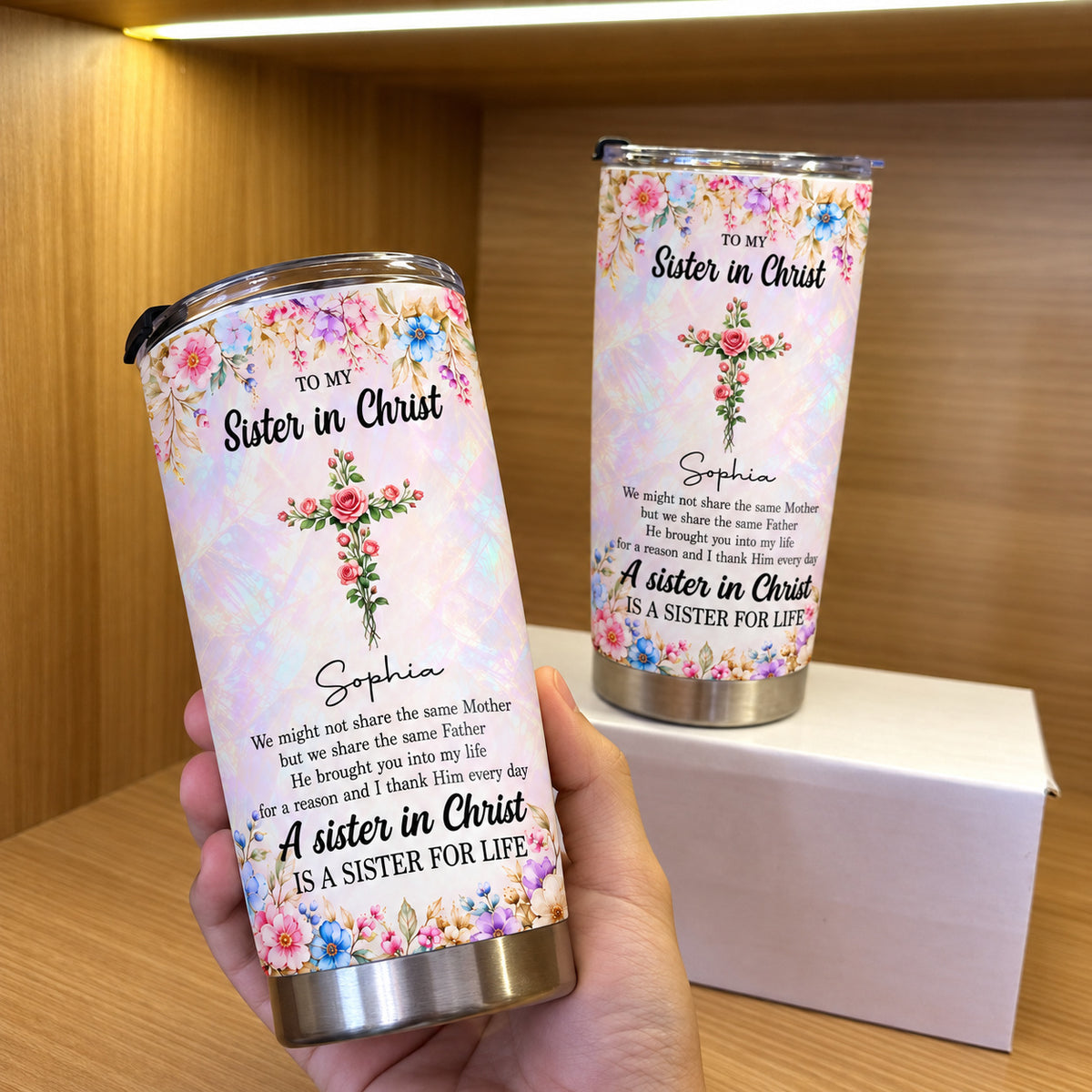 Personalized Sister in Christ Birth Flower Tumbler Custom Title Name - product view 4