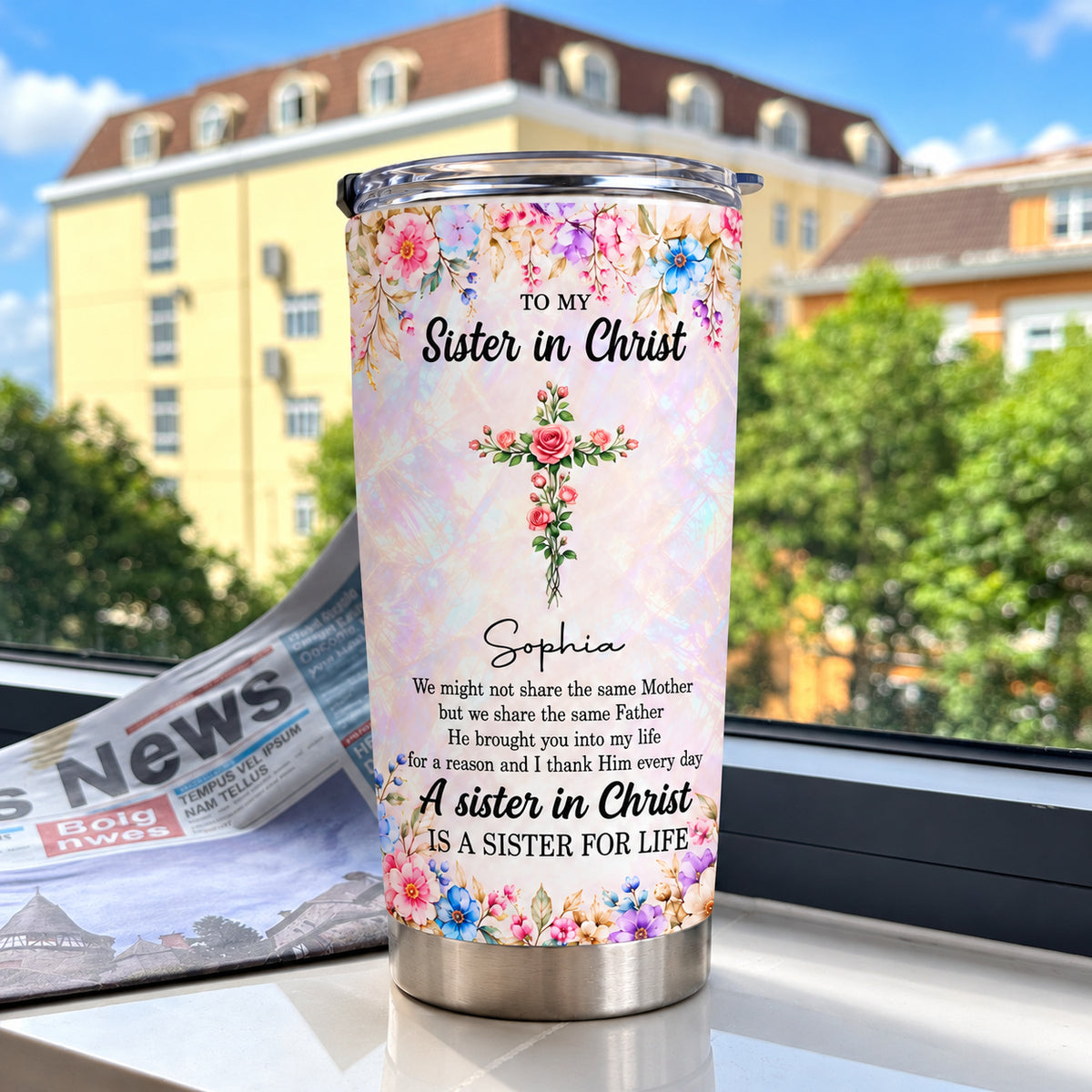 Personalized Sister in Christ Birth Flower Tumbler Custom Title Name - product view 5