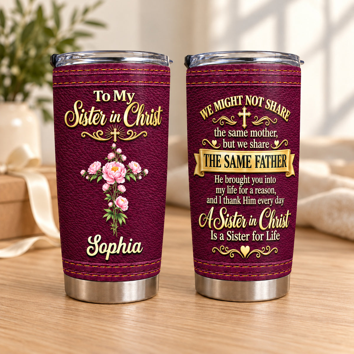 Personalized Sister in Christ Burgundy Floral Cross Name Tumbler - main product view