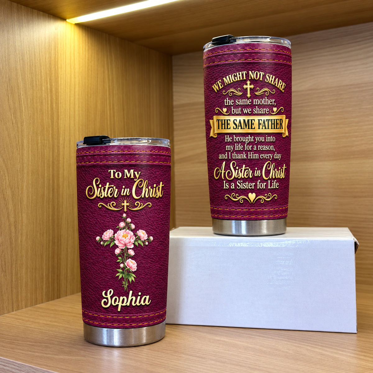 Personalized Sister in Christ Burgundy Floral Cross Name Tumbler - product view 3