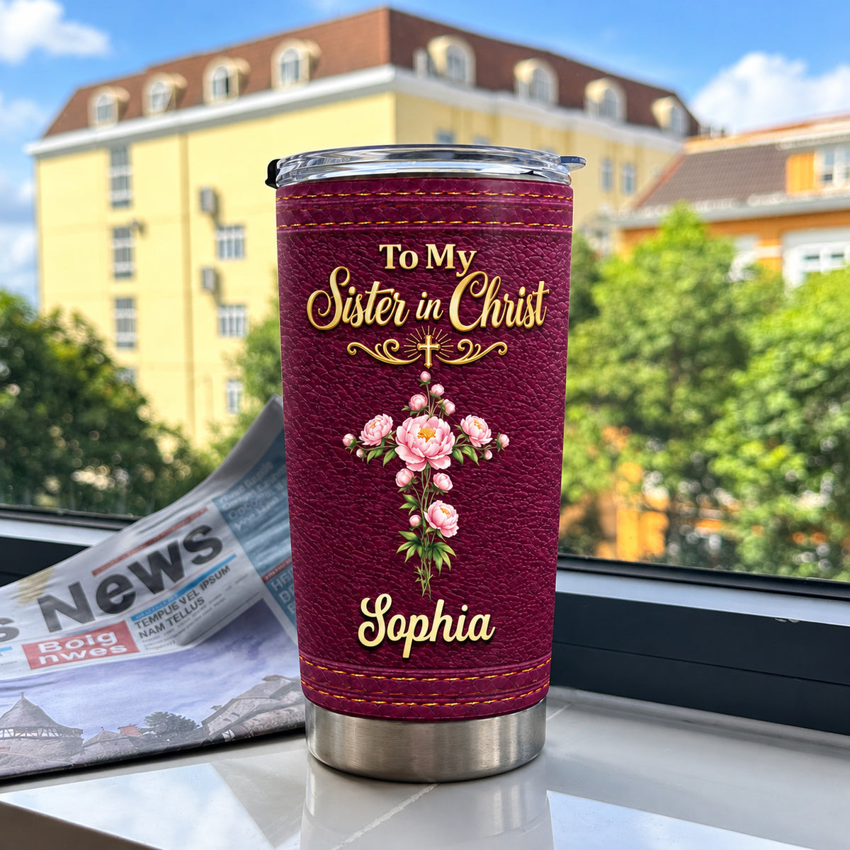 Personalized Sister in Christ Burgundy Floral Cross Name Tumbler - product view 5