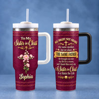 Personalized Sister in Christ Burgundy Floral Cross Name Tumbler - handled tumbler options
