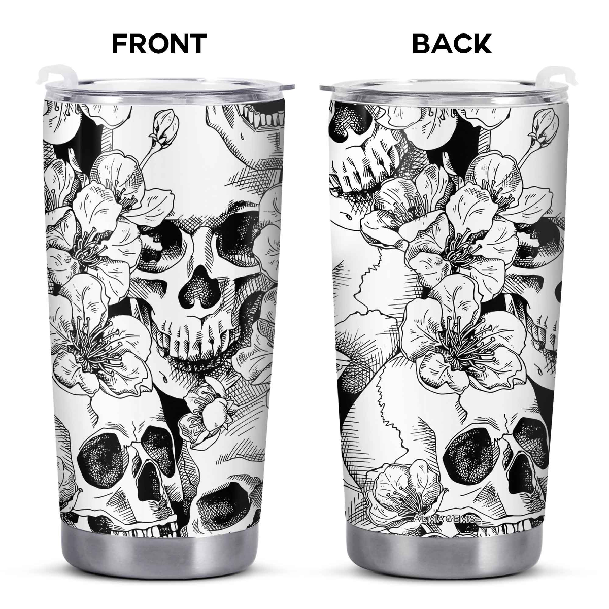 Skull and Floral Tumbler Gothic Dark Floral Sketch Art Stainless Steel Insulated Travel Coffee Cup w on a hanger, ready to ship from Austin, Texas