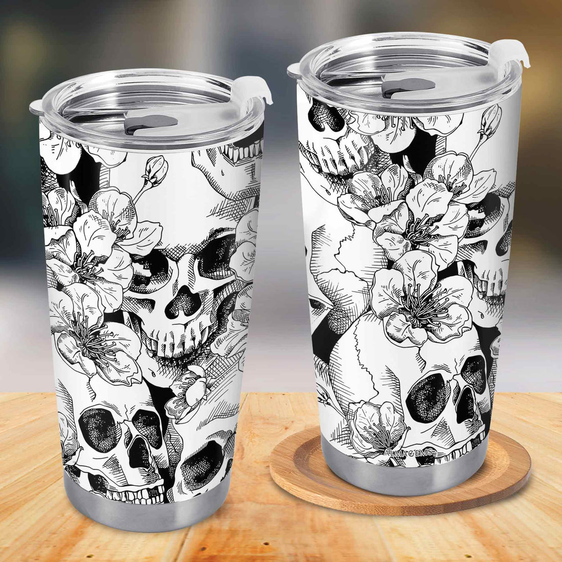 Customer in Austin, Texas wearing Skull and Floral Tumbler Gothic Dark Floral Sketch Art Stainless Steel Insulated Travel Coffee Cup w