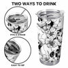 Close-up of Skull and Floral Tumbler Gothic Dark Floral Sketch Art Stainless Steel Insulated Travel Coffee Cup w for streetwear fans in Austin, Texas