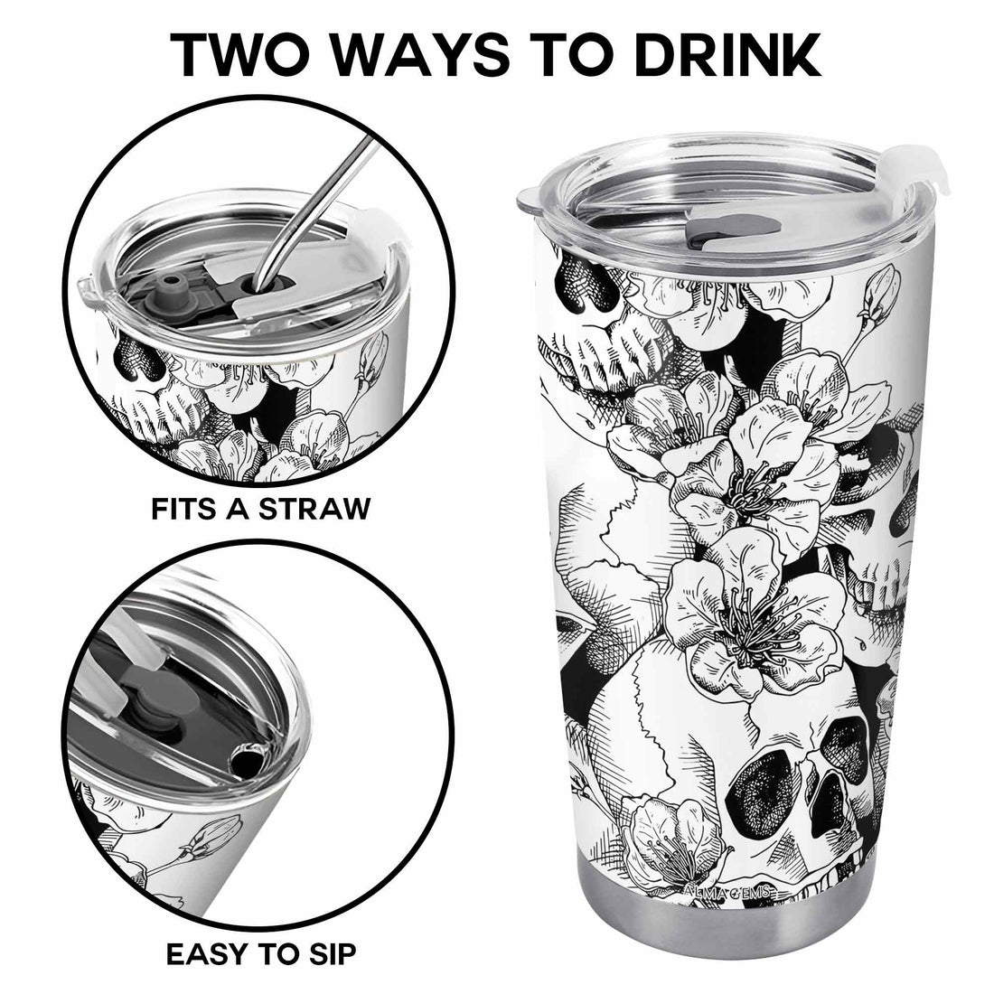 Close-up of Skull and Floral Tumbler Gothic Dark Floral Sketch Art Stainless Steel Insulated Travel Coffee Cup w for streetwear fans in Austin, Texas