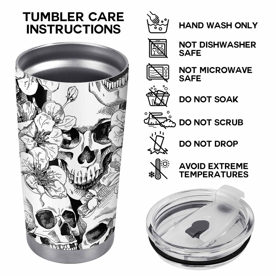 Customer in Austin, Texas wearing Skull and Floral Tumbler Gothic Dark Floral Sketch Art Stainless Steel Insulated Travel Coffee Cup w