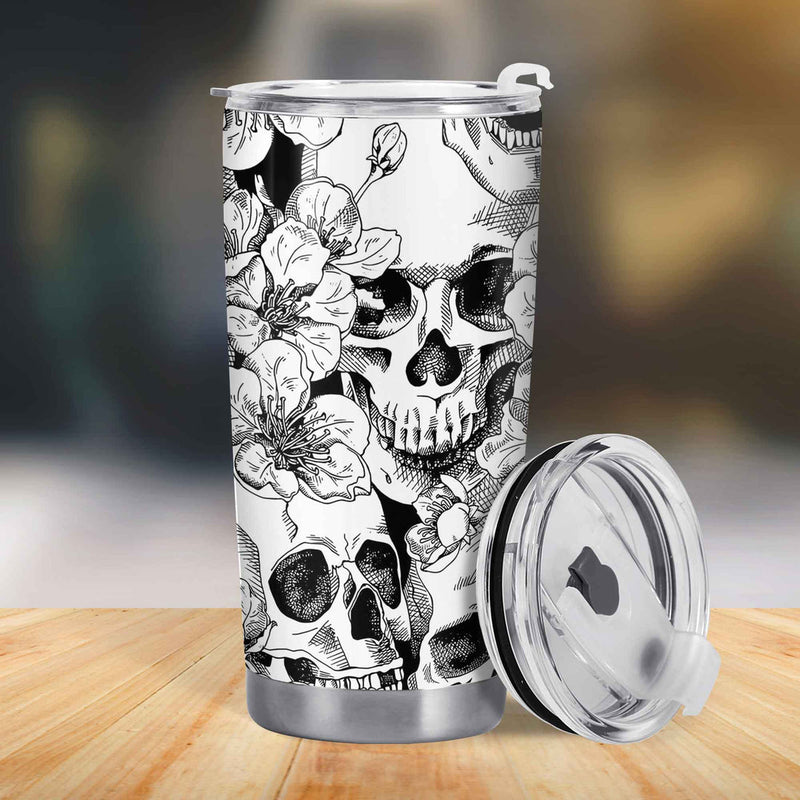 Skull and Floral Tumbler Gothic Dark Floral Sketch Art Stainless Steel Insulated Travel Coffee Cup w available at our Austin, Texas warehouse