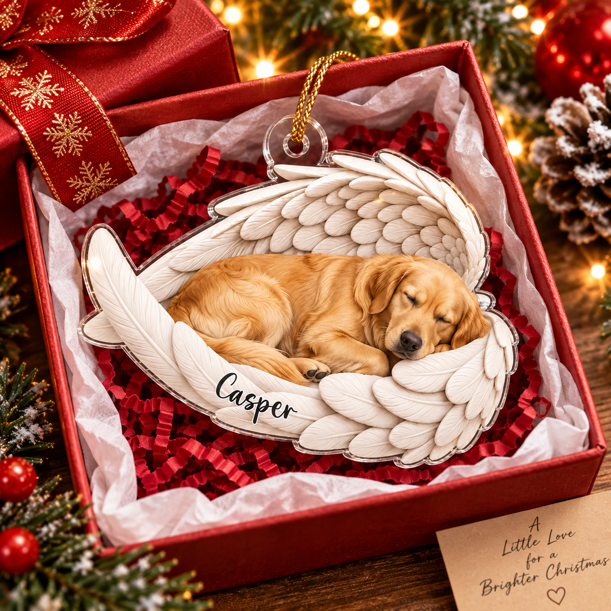 Customer in Austin, Texas wearing Sleeping Angel Dog Ornament Personalized Pet Memorial Gift Golden Retriever Christmas Decoration