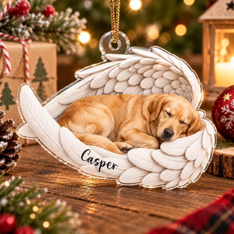Sleeping Angel Dog Ornament Personalized Pet Memorial Gift Golden Retriever Christmas Decoration available at our Austin, Texas warehouse
