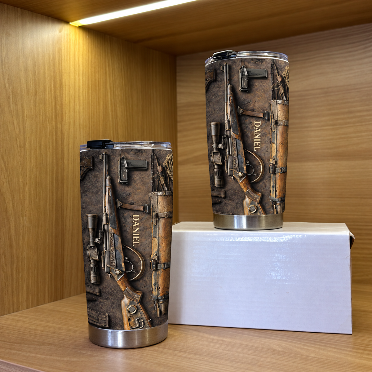 Sniper Rifle Tactical Tumbler Stainless Steel Insulated Cup for Military Veterans Hunters Gun Owners on a hanger, ready to ship from Austin, Texas