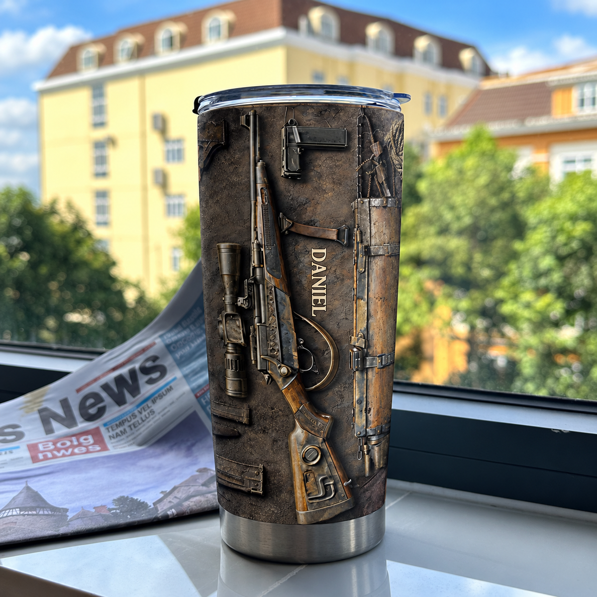 Close-up of Sniper Rifle Tactical Tumbler Stainless Steel Insulated Cup for Military Veterans Hunters Gun Owners for streetwear fans in Austin, Texas