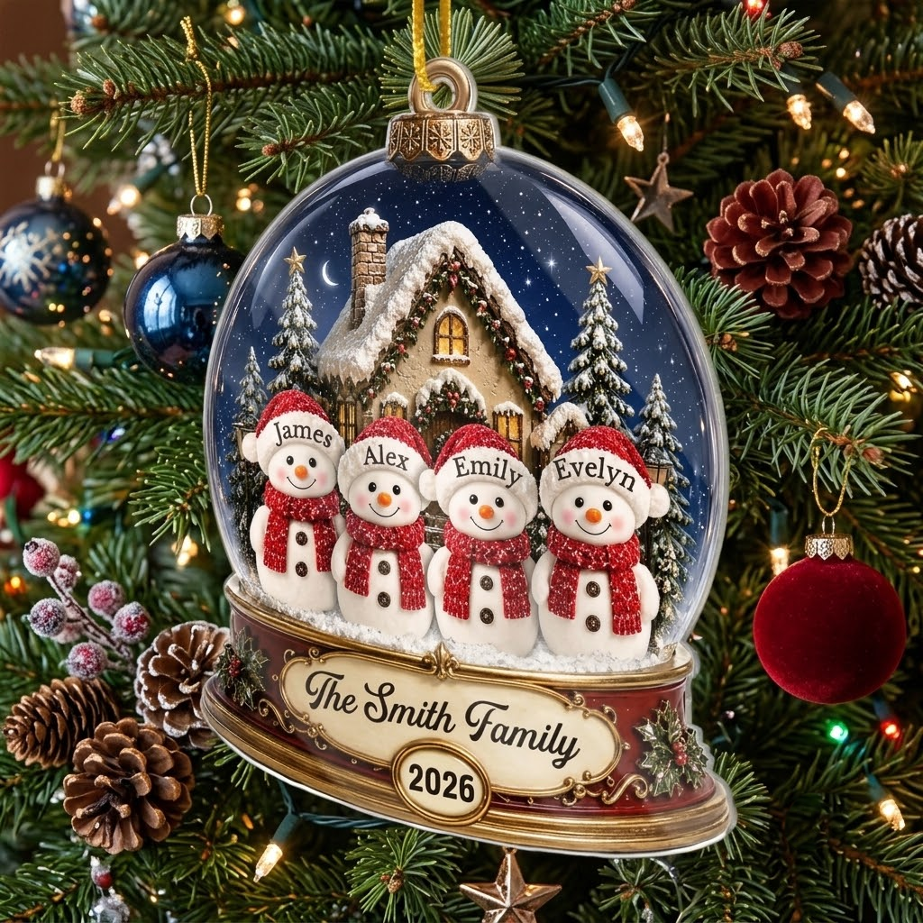 Customer in Austin, Texas wearing Snowman Family Snow Globe Christmas Ornament Personalized Winter Holiday Keepsake Tree Decor Gift
