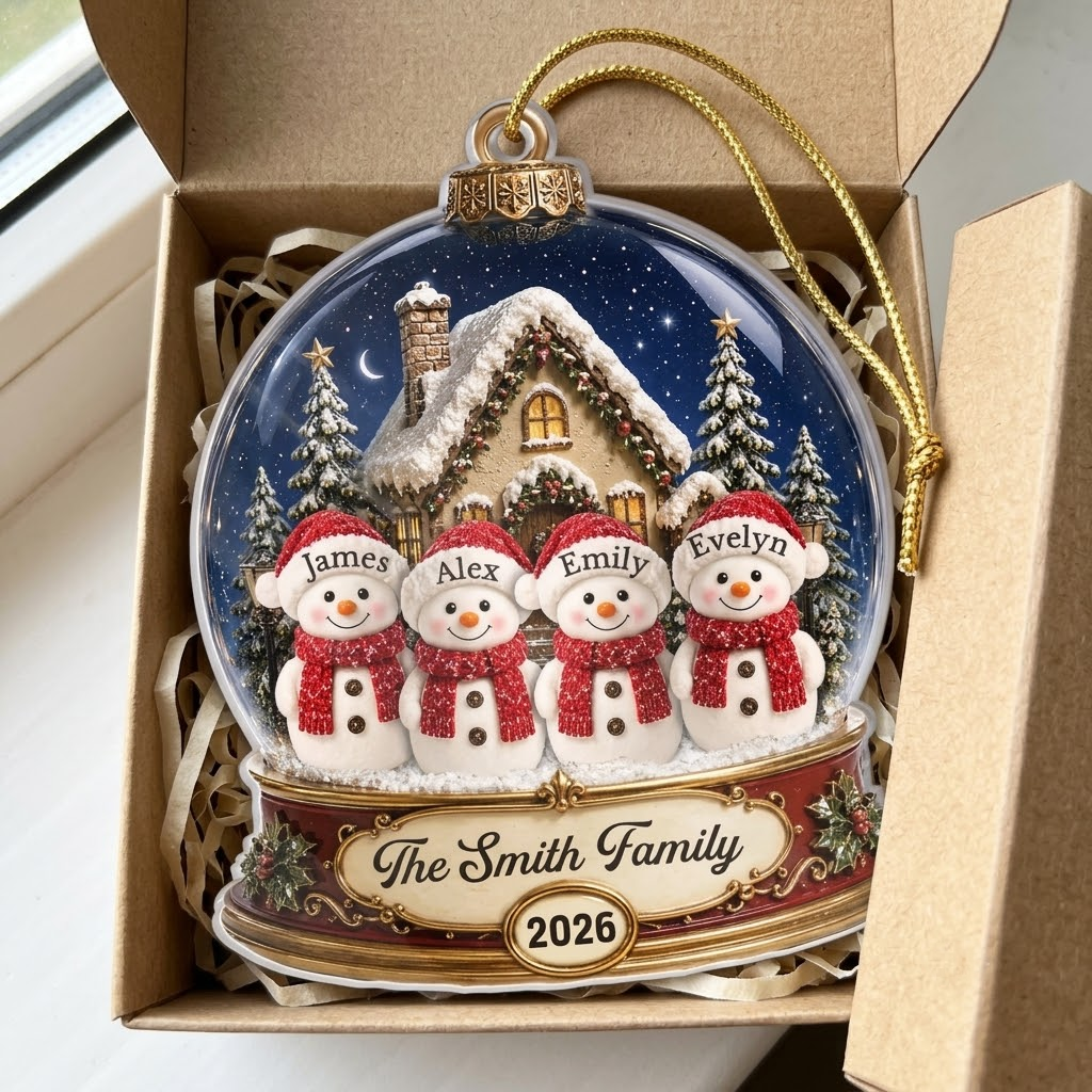 Customer in Austin, Texas wearing Snowman Family Snow Globe Christmas Ornament Personalized Winter Holiday Keepsake Tree Decor Gift