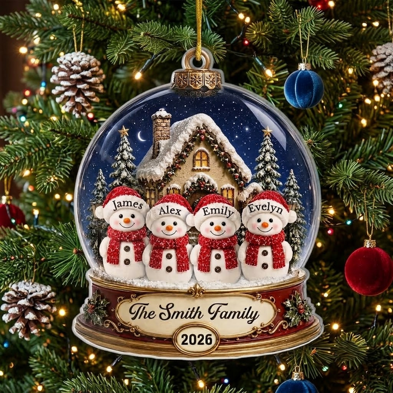 Snowman Family Snow Globe Christmas Ornament Personalized Winter Holiday Keepsake Tree Decor Gift available at our Austin, Texas warehouse