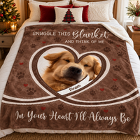 A custom brown fleece throw blanket with dog photo and memorial text, displayed neatly on a white made bed.