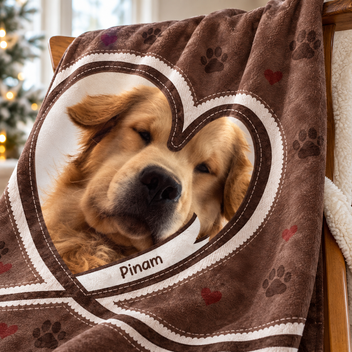 Close-up of the brown plush blanket featuring paw prints, red hearts, and a customized dog name banner.
