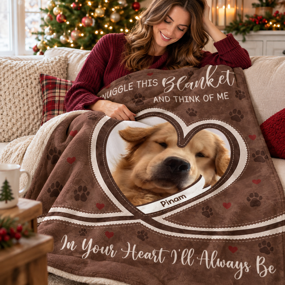 A woman sitting on a couch wrapped in a custom brown plush throw blanket designed for dog owners grieving pet loss.