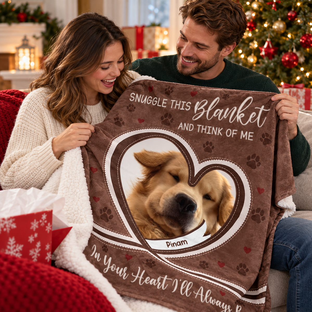 Couple holding a brown fleece pet memorial blanket with a dog photo inside a heart frame and text.