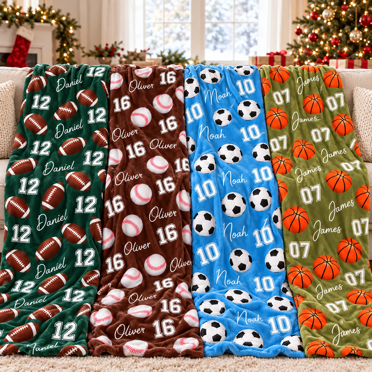 Four folded sports blankets in green, brown, blue and olive green featuring various balls and names.