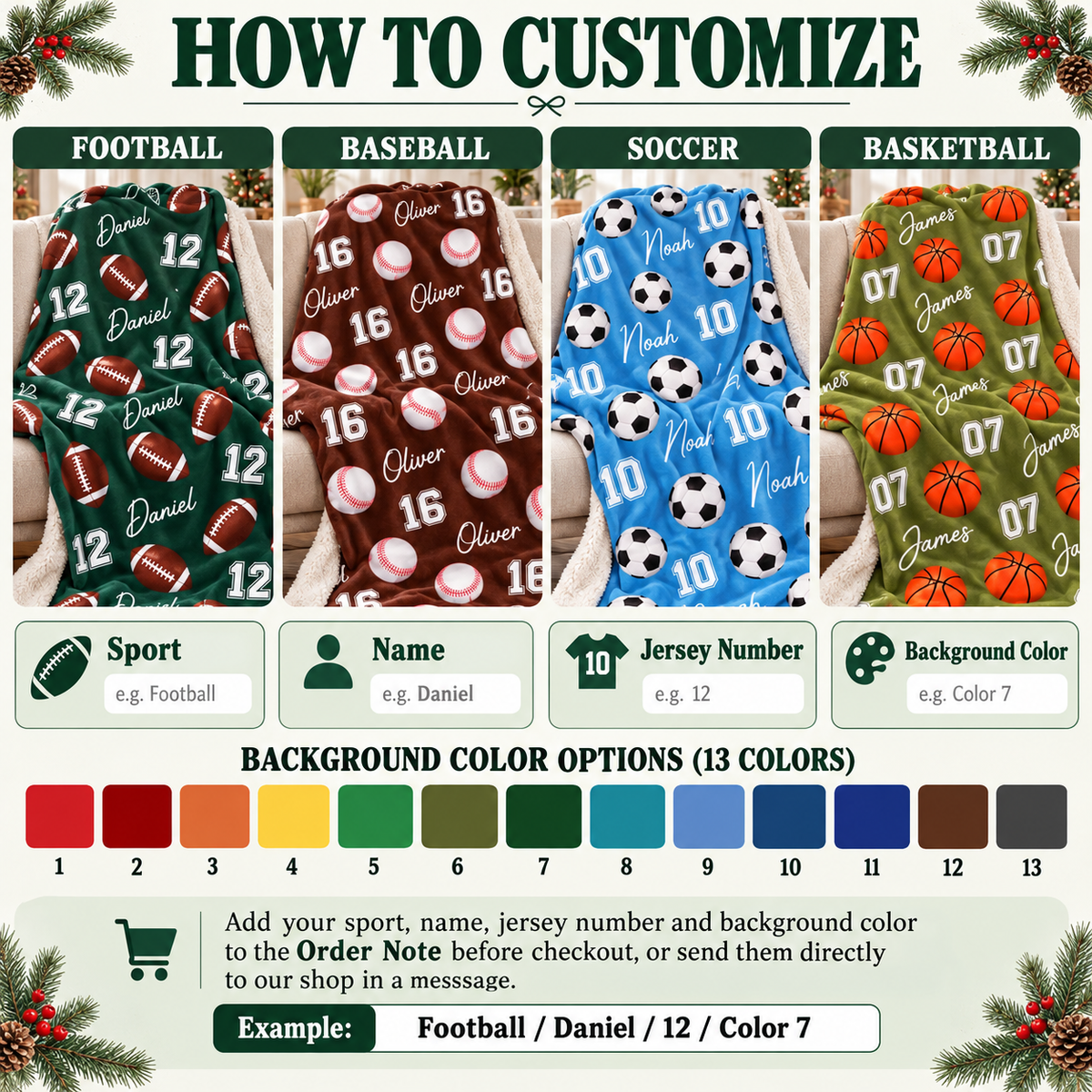 How to customize infographic showing sports blankets in football, baseball, soccer, and basketball with name, number, and