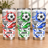 Three personalized stainless steel soccer tumblers displaying red, green, and blue splatter graphics with the custom name