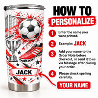 Instruction graphic showing how to order the soccer tumbler personalized custom name with steps and name example Jack.