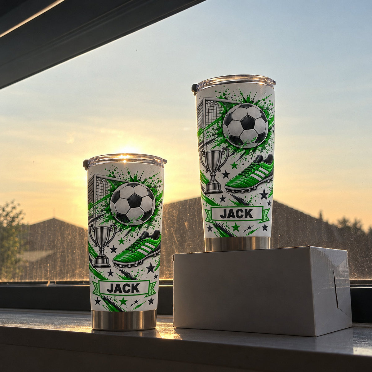 Two personalized stainless steel soccer tumblers with green splatter designs, soccer balls, and the custom name JACK on a