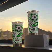 Two personalized stainless steel soccer tumblers with green splatter designs, soccer balls, and the custom name JACK on a