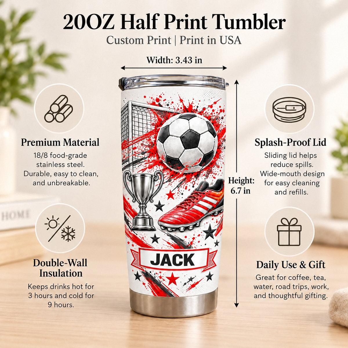 Soccer tumbler personalized custom name features red splatter, soccer ball, cleat, and trophy on a stainless steel insulated