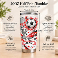 Soccer tumbler personalized custom name features red splatter, soccer ball, cleat, and trophy on a stainless steel insulated