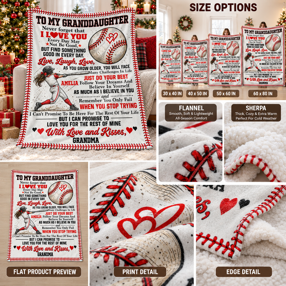 Personalized Softball Granddaughter Blanket Custom Name Gift from Grandma — personalization and size guide