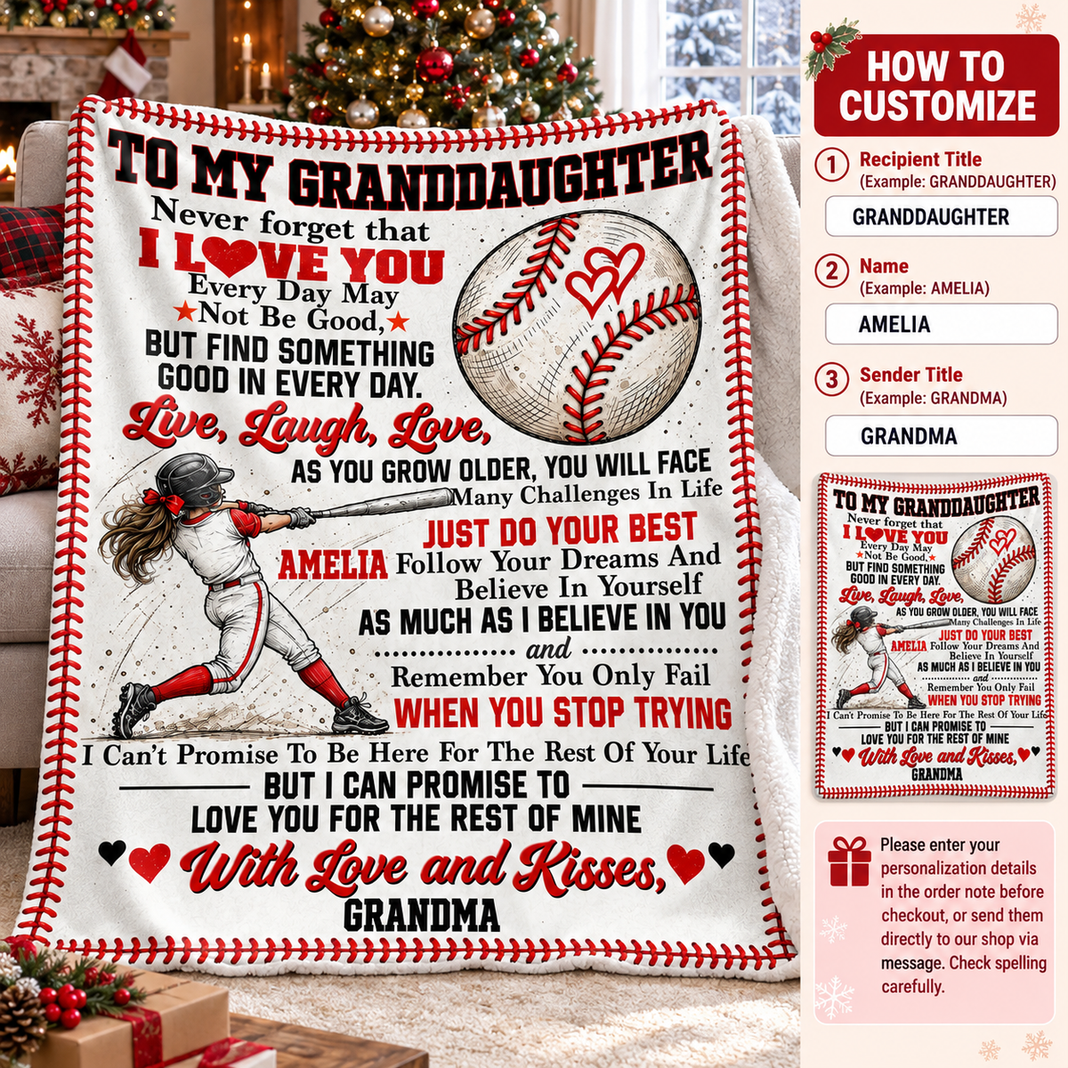 Personalized Softball Granddaughter Blanket Custom Name Gift from Grandma — personalization and size guide