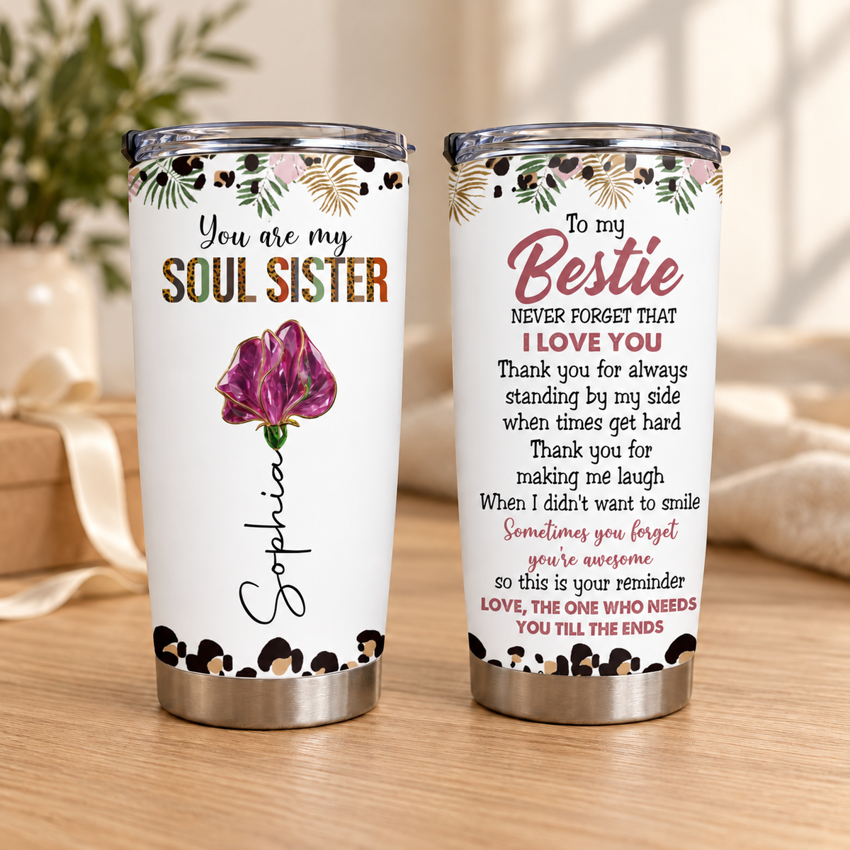 Personalized Soul Sister Bestie Birth Flower Tumbler Custom Name Gift - main design
