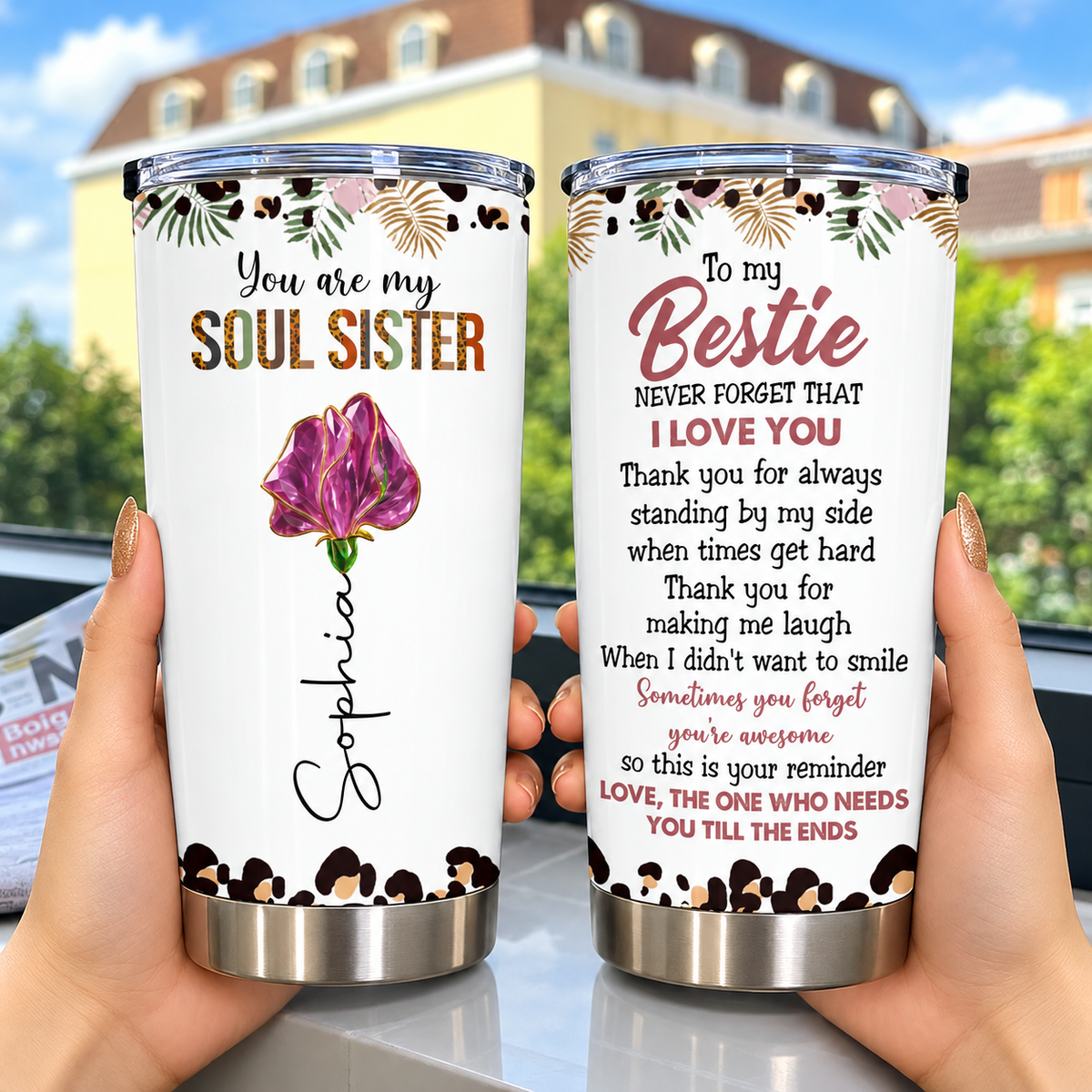 Personalized Soul Sister Bestie Birth Flower Tumbler Custom Name Gift - product view 4