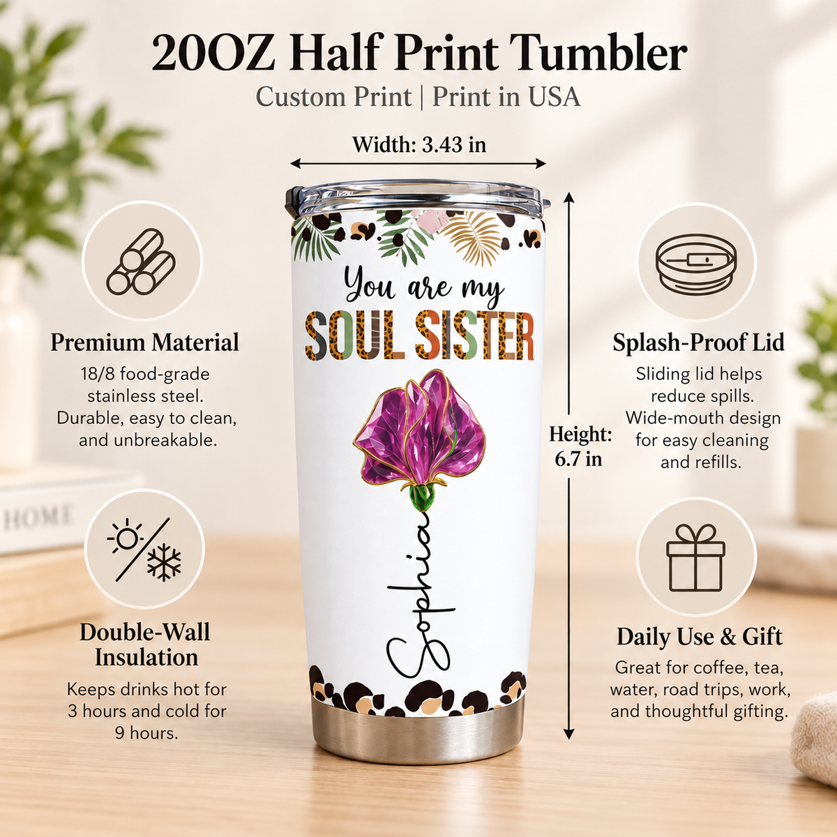 Personalized Soul Sister Bestie Birth Flower Tumbler Custom Name Gift - product view 7