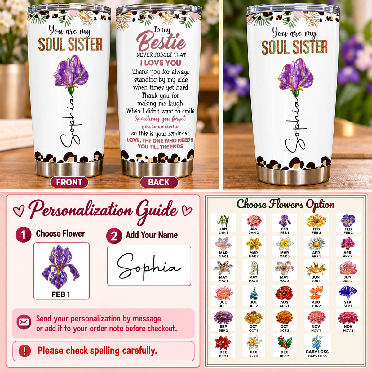 Personalized Soul Sister Bestie Birth Flower Tumbler Custom Name Gift - personalization guide
