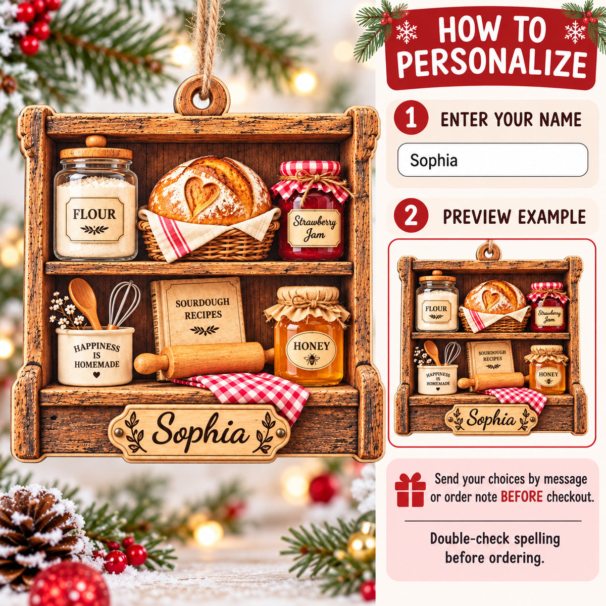 Personalized Sourdough Baker Wood Ornament Custom Name Christmas Gift - personalization options and ordering guide