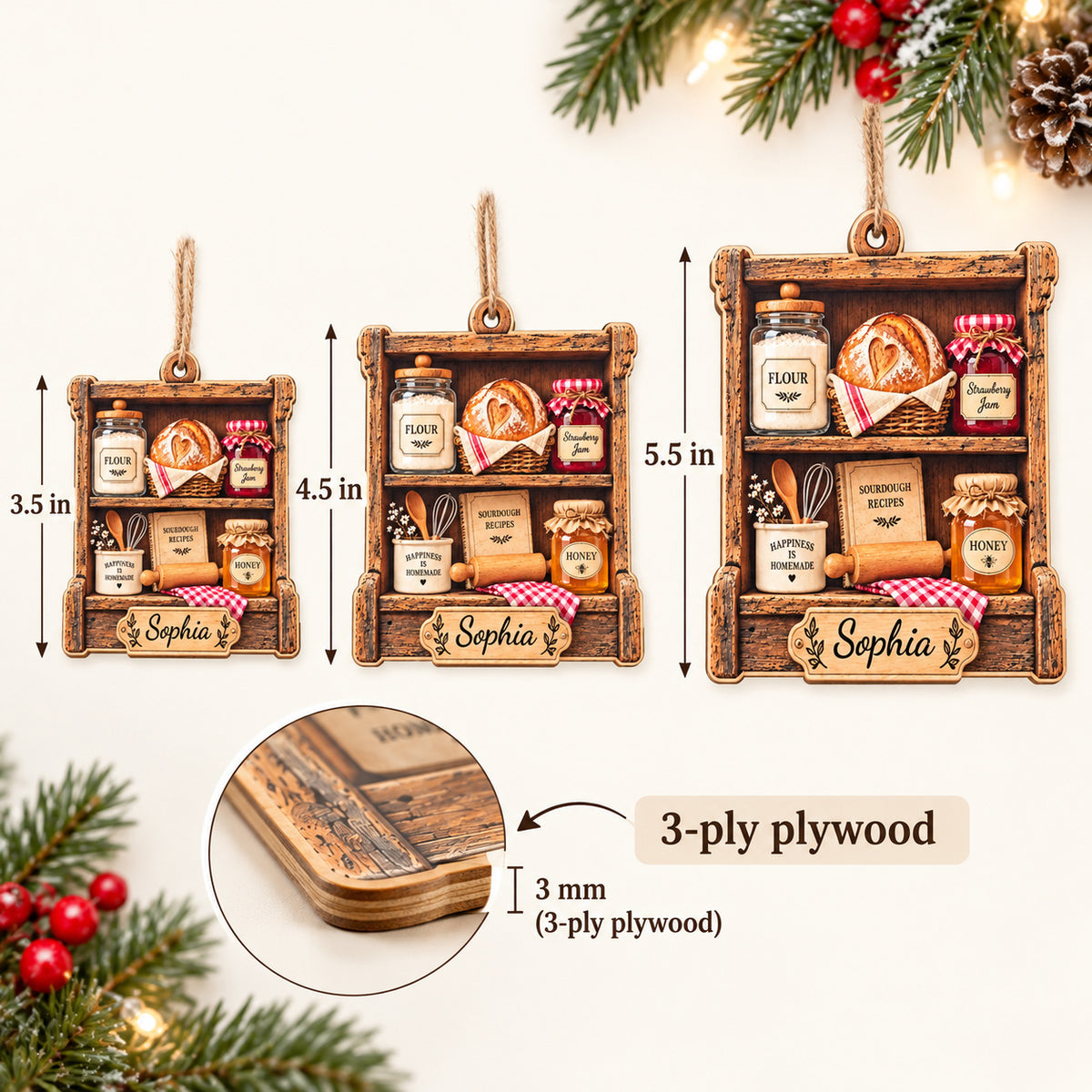 Personalized Sourdough Baker Wood Ornament Custom Name Christmas Gift - dimensions and material guide
