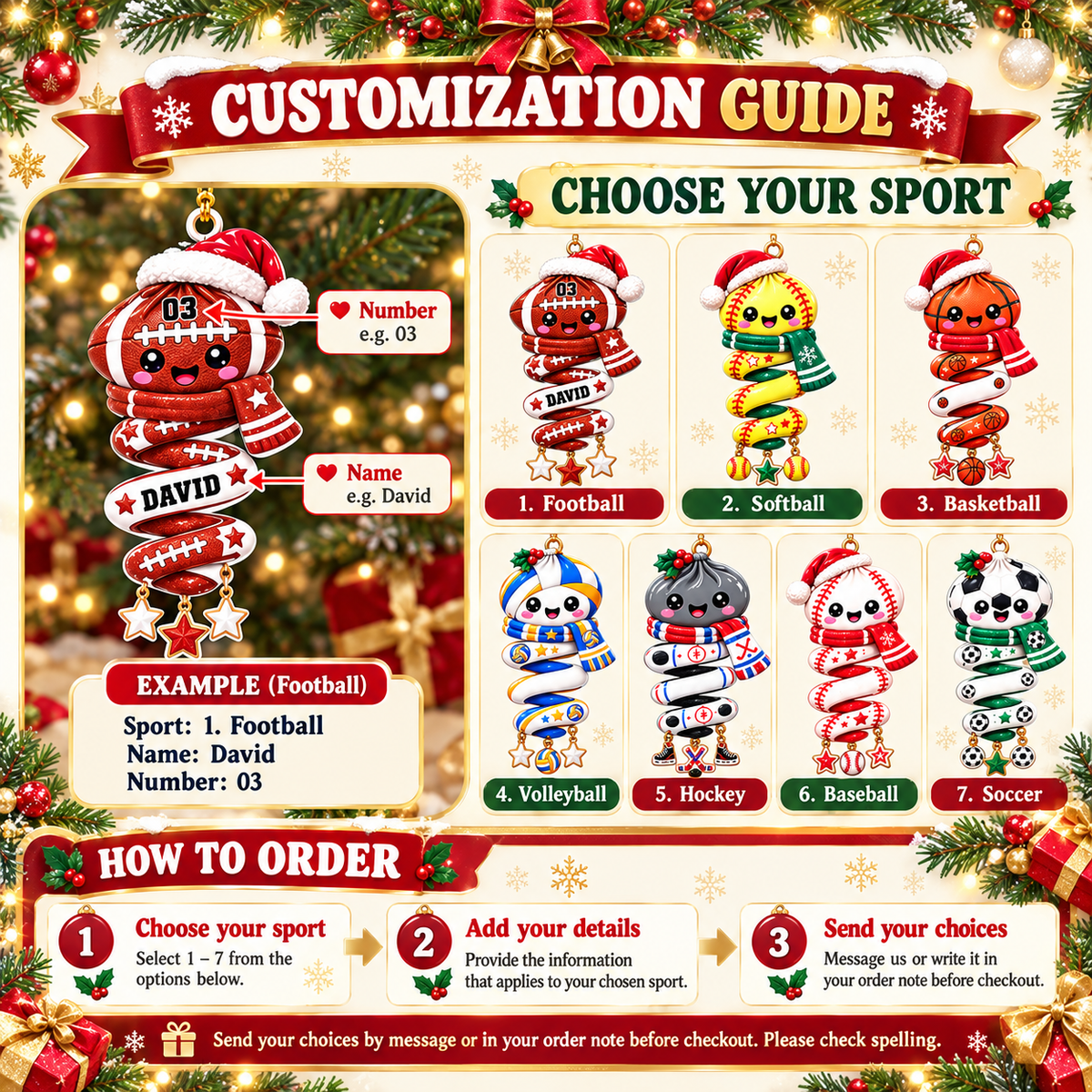 Personalized Sports Christmas Ornament Custom Name Athlete Gift - personalization options and ordering guide