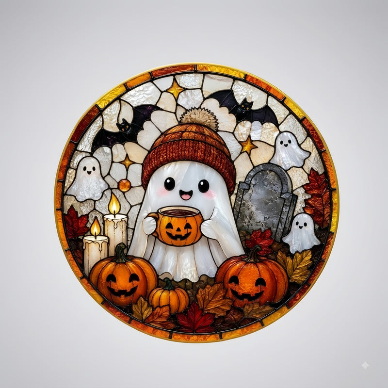 Stained Glass Ghost Pumpkin Ornament, Cute Halloween Suncatcher Decor Gift available at our Austin, Texas warehouse