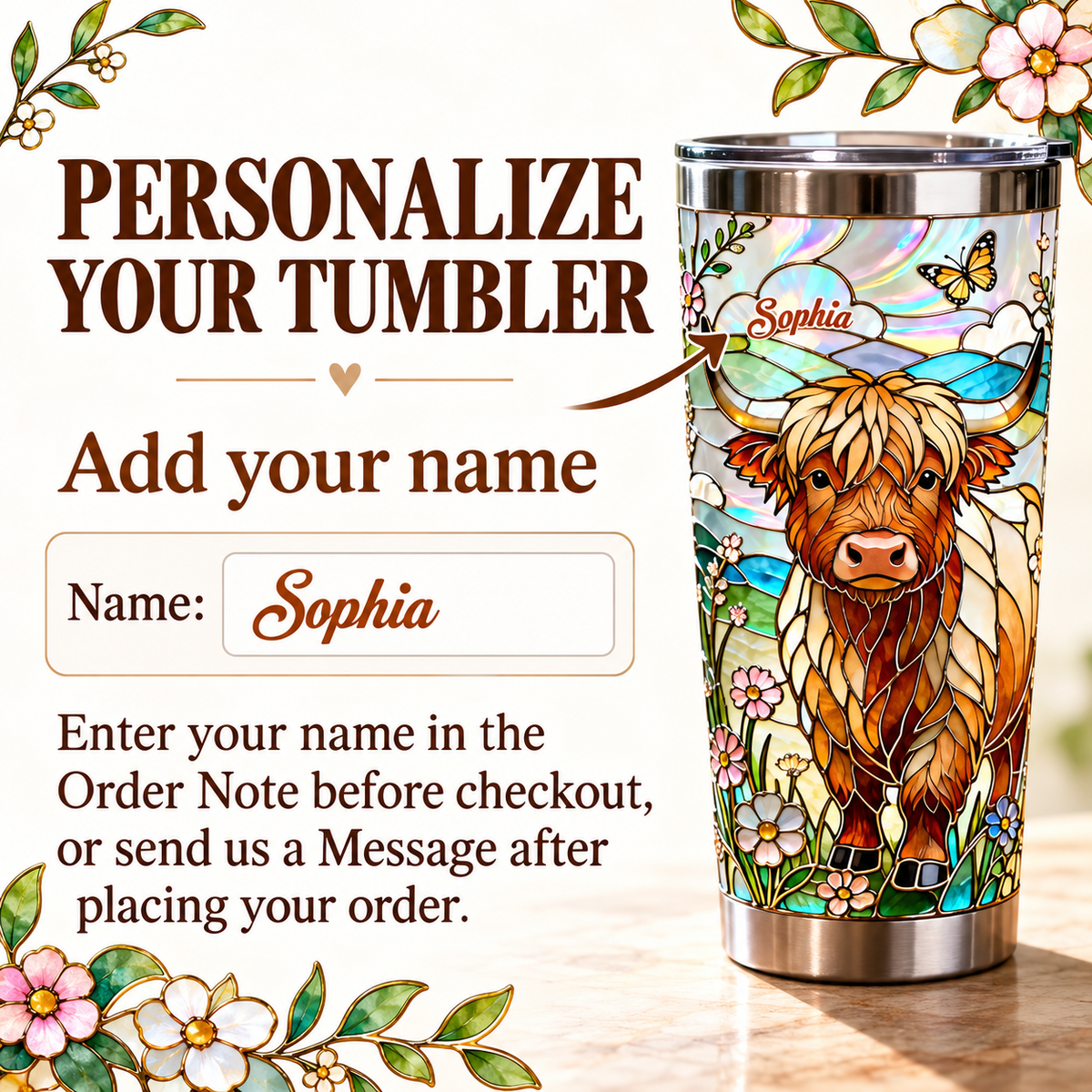 Personalization guide graphic showing custom name input for stainless steel tumbler cup with stained-glass Highland cow