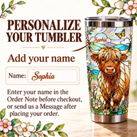 Personalization guide graphic showing custom name input for stainless steel tumbler cup with stained-glass Highland cow