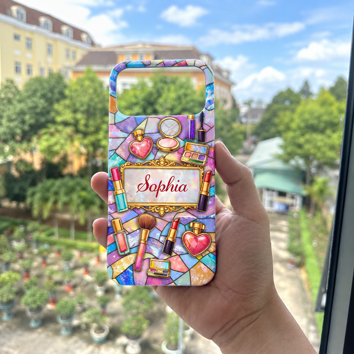 Customer in Austin, Texas wearing Stained Glass Makeup Phone Case Personalized Custom Name Beauty Gift for Women