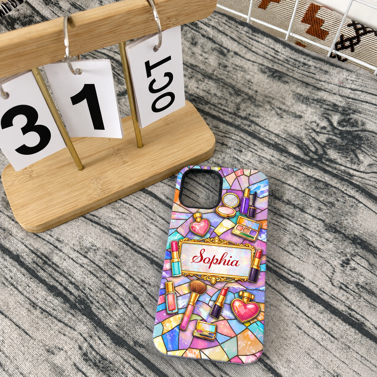 Customer in Austin, Texas wearing Stained Glass Makeup Phone Case Personalized Custom Name Beauty Gift for Women