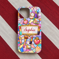Single personalized makeup phone case featuring stained glass mosaic pattern and name Sophia on red and white striped fabric.