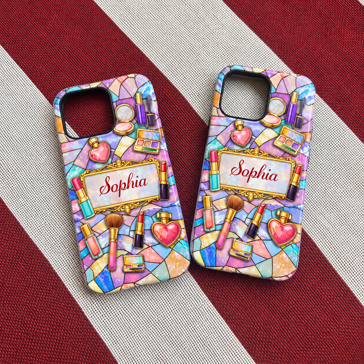 Stained Glass Makeup Phone Case Personalized Custom Name Beauty Gift for Women available at our Austin, Texas warehouse