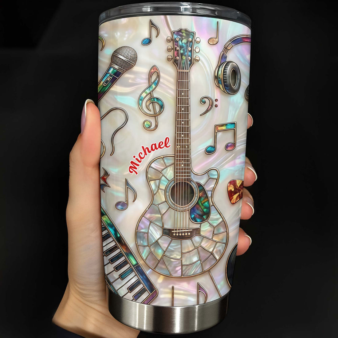 Stained Glass Musical Instrument Tumbler, Personalized Guitar and Piano Music Lover Stainless Steel  on a hanger, ready to ship from Austin, Texas