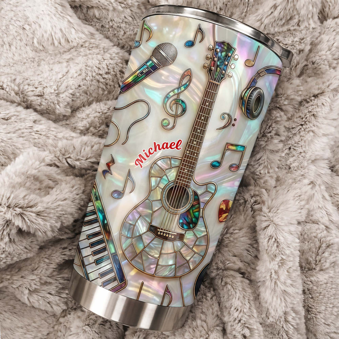 Customer in Austin, Texas wearing Stained Glass Musical Instrument Tumbler, Personalized Guitar and Piano Music Lover Stainless Steel 