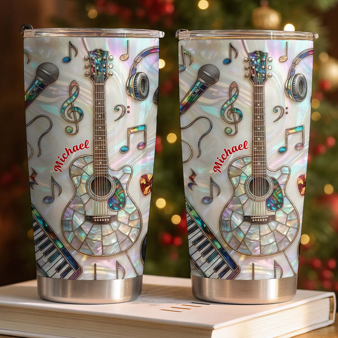 Close-up of Stained Glass Musical Instrument Tumbler, Personalized Guitar and Piano Music Lover Stainless Steel  for streetwear fans in Austin, Texas